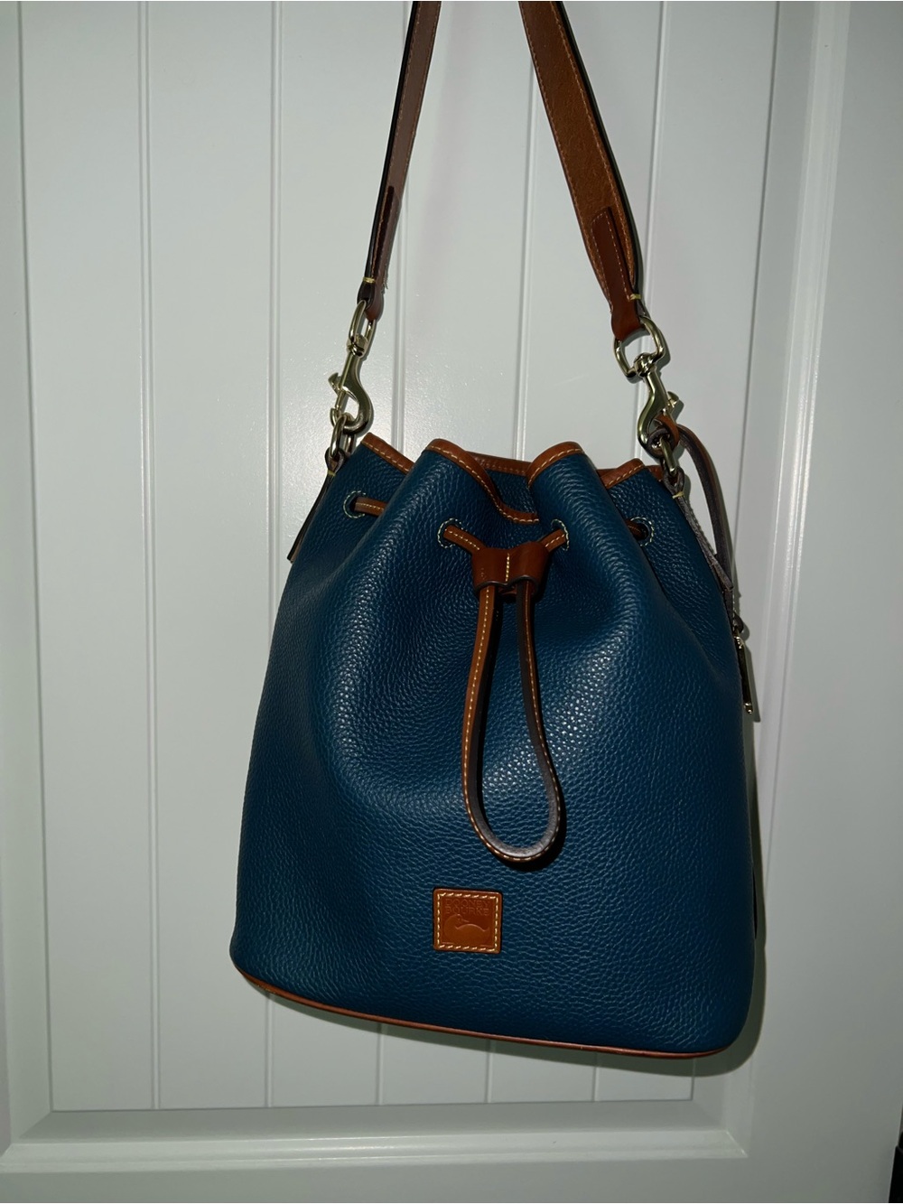 Dooney & Burke Women’s Jeans Blue Drawstring Bucket Bag with Tan Trim
